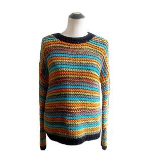 Sundance Crochet Chunky Knit Sweater Size Medium Crew Neck Colorful Cabin Core